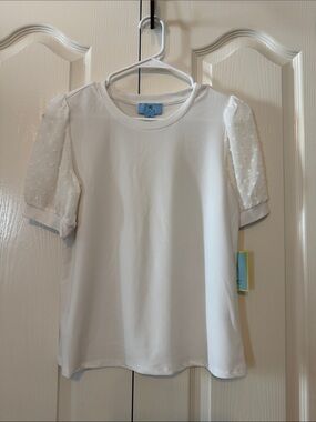 CeCe Puff-Sleeve Mixed Media White Top Size XS NWT